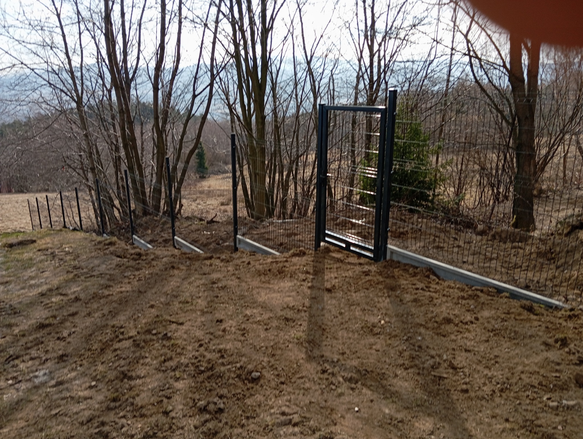 Montaż ogrodzenia panelowego z furtką na nierównym terenie, widoczne betonowe podmurówki i słupki, w tle drzewa bez liści i łąka.