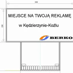 Projekt graficzny tablicy reklamowej z napisem 'Miejsce na Twoją Reklamę w Kędzierzynie-Koźlu' oraz logo firmy Berko, zawierający wymiary i schemat konstrukcji.