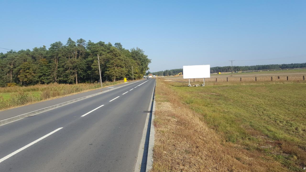 Billboard reklamowy ustawiony przy drodze, widok z perspektywy jezdni, w tle las i pole.