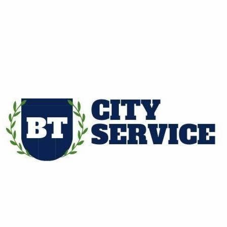 Logo firmy City Service z inicjałami BT w granatowej tarczy otoczonej zielonymi gałązkami.