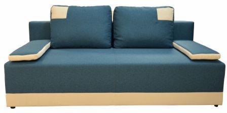 Niebieska sofa z beżowymi akcentami, widok z przodu, dwa kwadratowe poduszki z beżowymi wstawkami w górnych rogach, beżowa podstawa sofy.