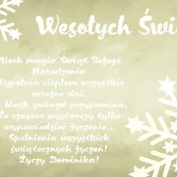 Kartka z życzeniami 'Wesołych Świąt' z tekstem w języku polskim i dekoracyjnymi płatkami śniegu w odcieniach bieli na beżowym tle.