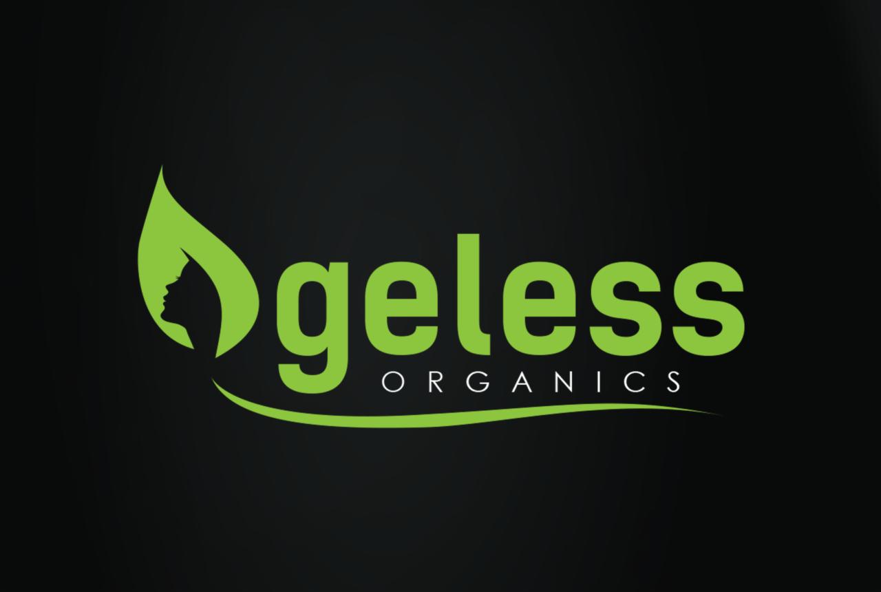 Zielone logo 'Ageless Organics' na czarnym tle, z profilem twarzy kobiety w liściu.