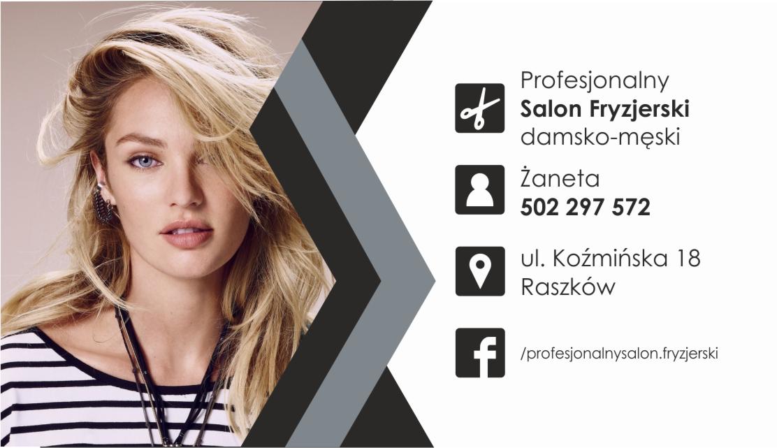 Wizytówka salonu fryzjerskiego z blond modelką, czarno-białymi geometrycznymi elementami i danymi kontaktowymi: nazwa salonu, imię, numer telefonu, adres i adres Facebook.