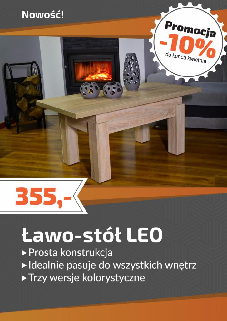 Promocyjna oferta ławo-stołu LEO z rabatem -10% do końca kwietnia, prezentacja produktu w aranżacji wnętrza z kominkiem i dekoracyjnymi wazonami.