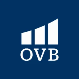 Logo OVB na granatowym tle, przedstawiające trzy białe, stopniowo rosnące słupki oraz napis OVB poniżej.