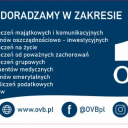 Grafika reklamowa OVB doradzająca w zakresie ubezpieczeń majątkowych, komunikacyjnych, na życie, grupowych, programów emerytalnych, kredytów i innych, z adresami stron internetowych i mediów...