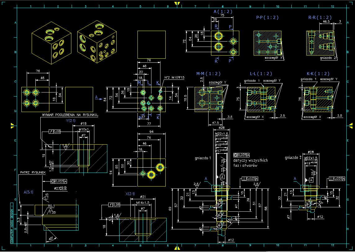 Schemat techniczny bloku z otworami, zawierający rzuty, przekroje i wymiarowania, wykonany w programie CAD, z żółtymi liniami na czarnym tle.