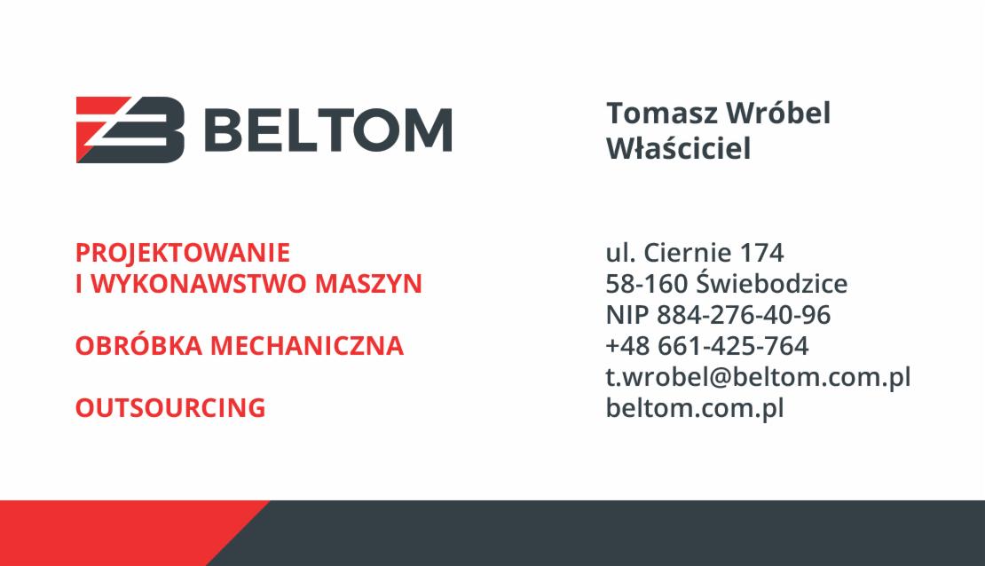 Logo firmy Beltom z danymi kontaktowymi, specjalizującej się w projektowaniu i wykonawstwie maszyn oraz obróbce mechanicznej.