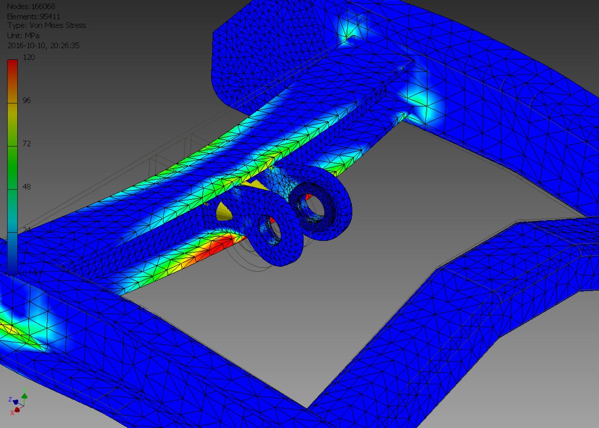Wizualizacja numeryczna naprężeń w konstrukcji stalowej, z kolorowym gradientem wskazującym obciążenia w MPa, wykonana w programie do analiz inżynierskich.