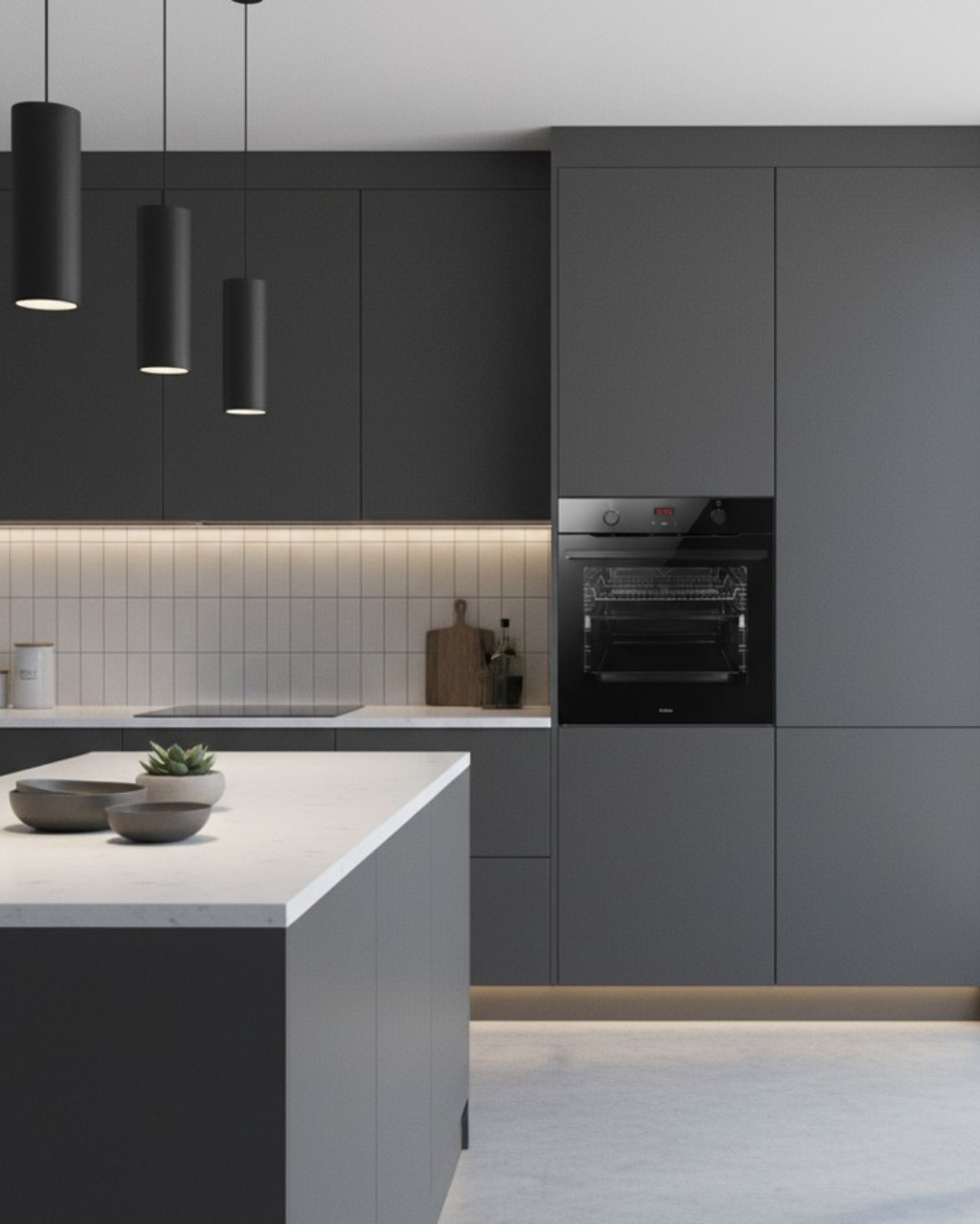 Nowoczesna, szara kuchnia z wyspą i wbudowanym piekarnikiem. Minimalistyczne oświetlenie podkreśla gładkie fronty szafek i biały blat. Ujęcie z bliska na detale.