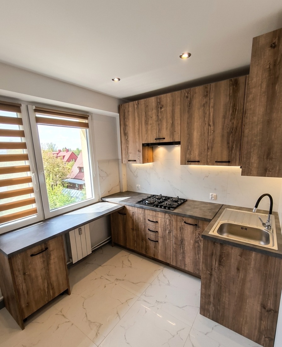Kompaktowa kuchnia z drewnianymi frontami i blatem w odcieniach szarości, z oknem i widokiem na zieleń. Uwagę zwraca nietypowe przedłużenie blatu pod oknem.