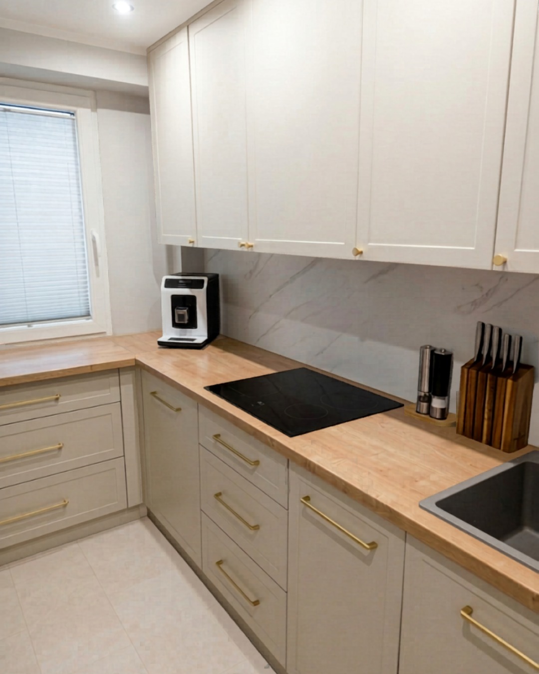Jasna kuchnia na wymiar z drewnianym blatem, złotymi uchwytami i płytą indukcyjną. Minimalistyczny design, widok na okno z żaluzjami.