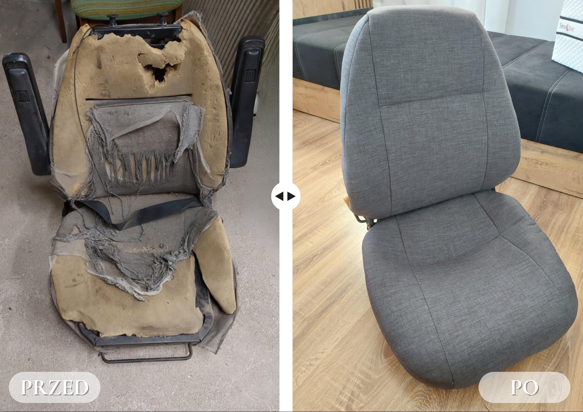 Realizacja zakładu tapicerskiego Kors Meble - naprawa, wymiana gąbki w fotelu samochodowym