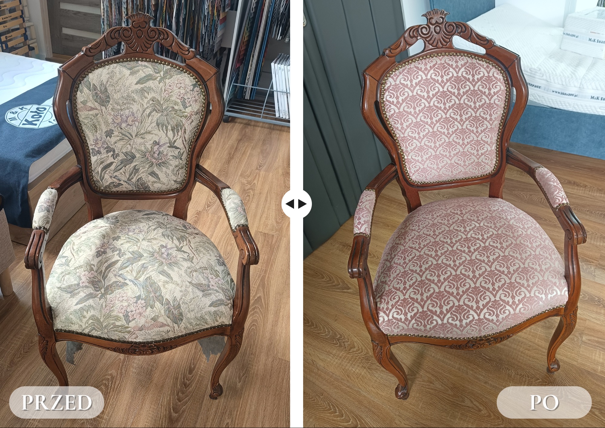 Realizacja zakładu tapicerskiego Kors Meble - zmiana obicia krzesła antyk