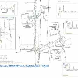 Szkic geodezyjny gazociągu z naniesionymi punktami pomiarowymi, wymiarami i oznaczeniami technicznymi, w tym przewierty sterowane, głębokość zalegania i rodzaje rur.