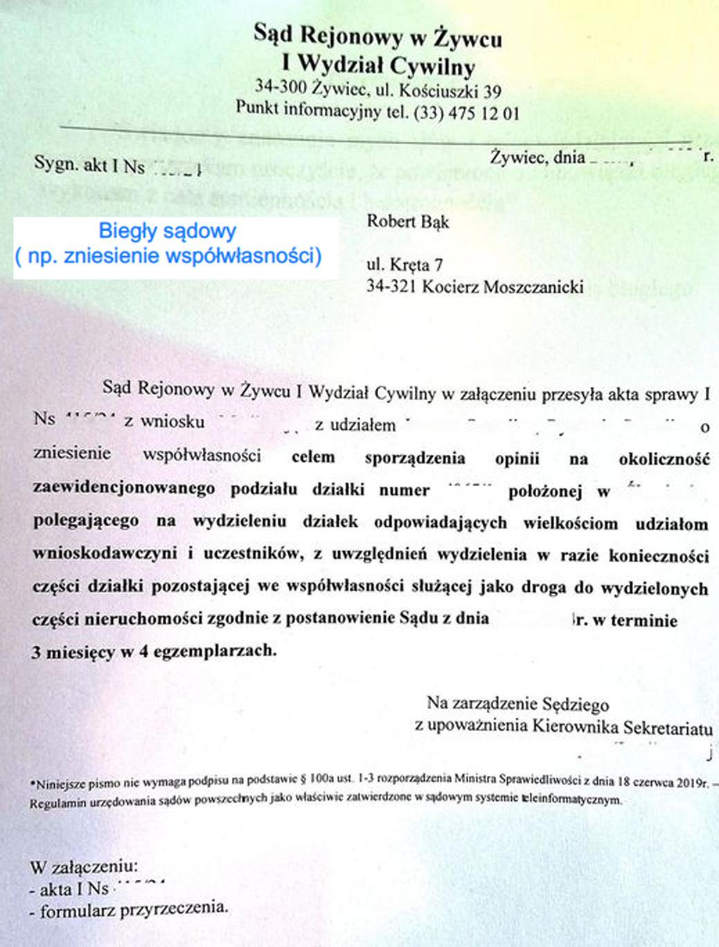 Skan dokumentu z Sądu Rejonowego w Żywcu, Wydział Cywilny, adresowany do biegłego sądowego Roberta Bąka, dotyczący zniesienia współwłasności działki.