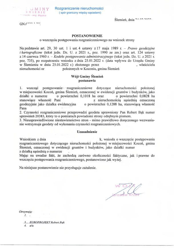Skan dokumentu urzędowego - postanowienie Wójta Gminy Ślemień o wszczęciu postępowania rozgraniczeniowego nieruchomości, z podpisem Jarosława Krzaka i pieczątką.