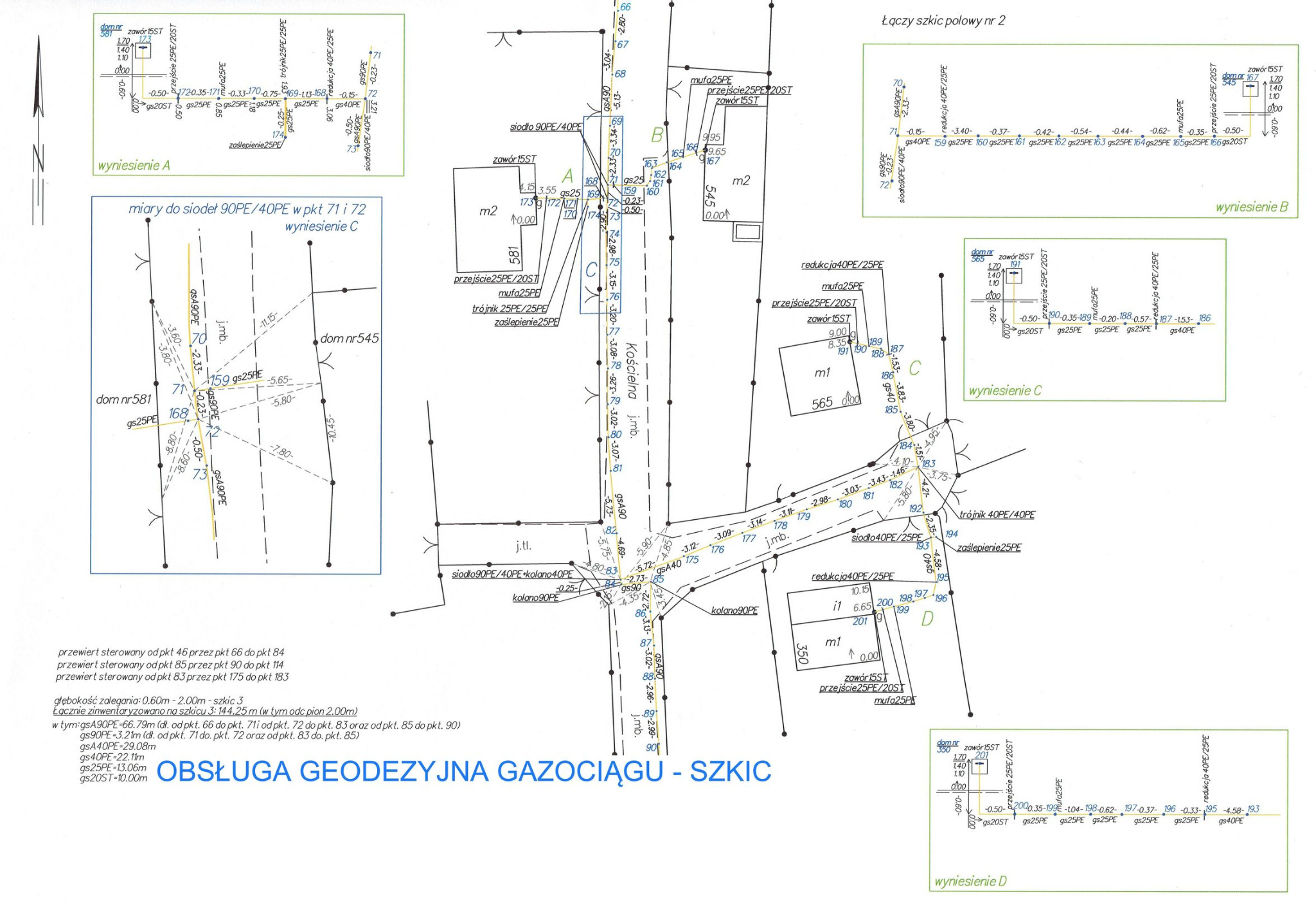 Szkic geodezyjny gazociągu z naniesionymi punktami pomiarowymi, wymiarami i oznaczeniami technicznymi, w tym przewierty sterowane, głębokość zalegania i rodzaje rur.