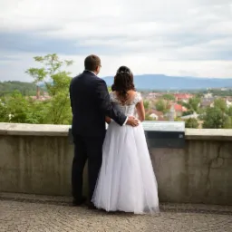 Para młoda, ubrana w suknię ślubną i garnitur, stoi na tle panoramy miasta z górami w oddali, opierając się o betonową balustradę z tablicą informacyjną.