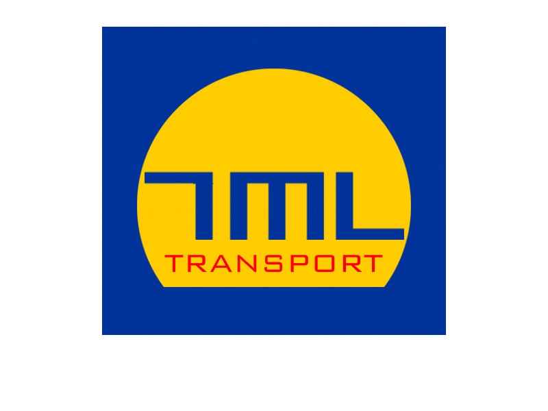 Logo firmy transportowej z żółtym półkolem na niebieskim tle, zawierające napis 'TML TRANSPORT' w czerwonej czcionce.