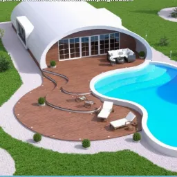 Wizualizacja modułowego domu w kształcie tuby z drewnianym tarasem, basenem i meblami ogrodowymi, otoczonego zielenią i białym żwirem, widziana z góry.