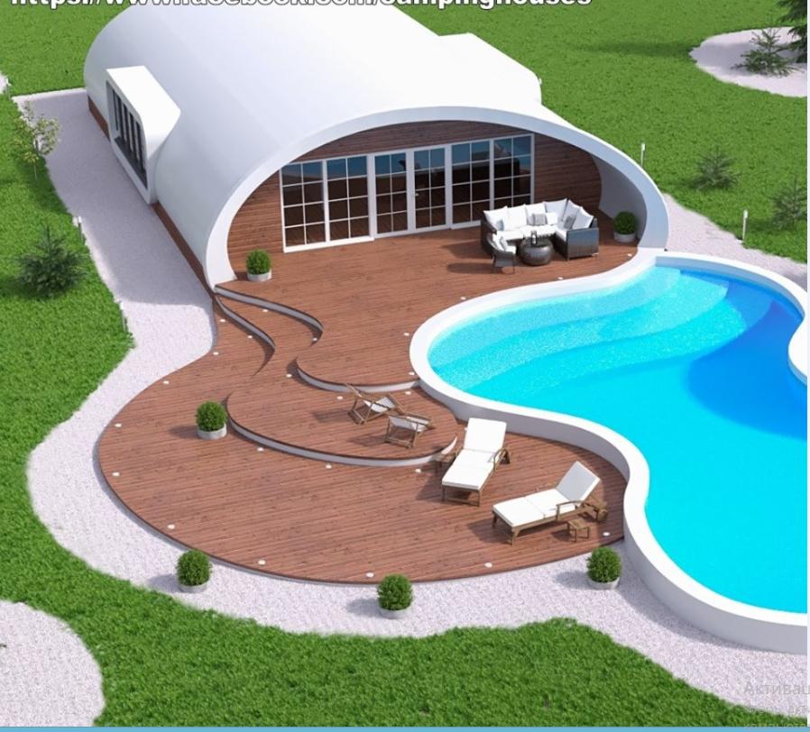 Wizualizacja modułowego domu w kształcie tuby z drewnianym tarasem, basenem i meblami ogrodowymi, otoczonego zielenią i białym żwirem, widziana z góry.