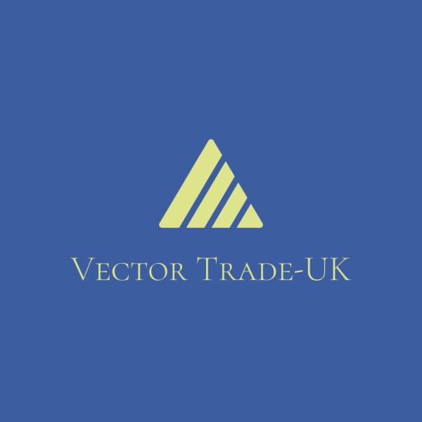 Żółty trójkąt z trzema ukośnymi paskami wewnątrz, nad napisem VECTOR TRADE-UK na niebieskim tle.