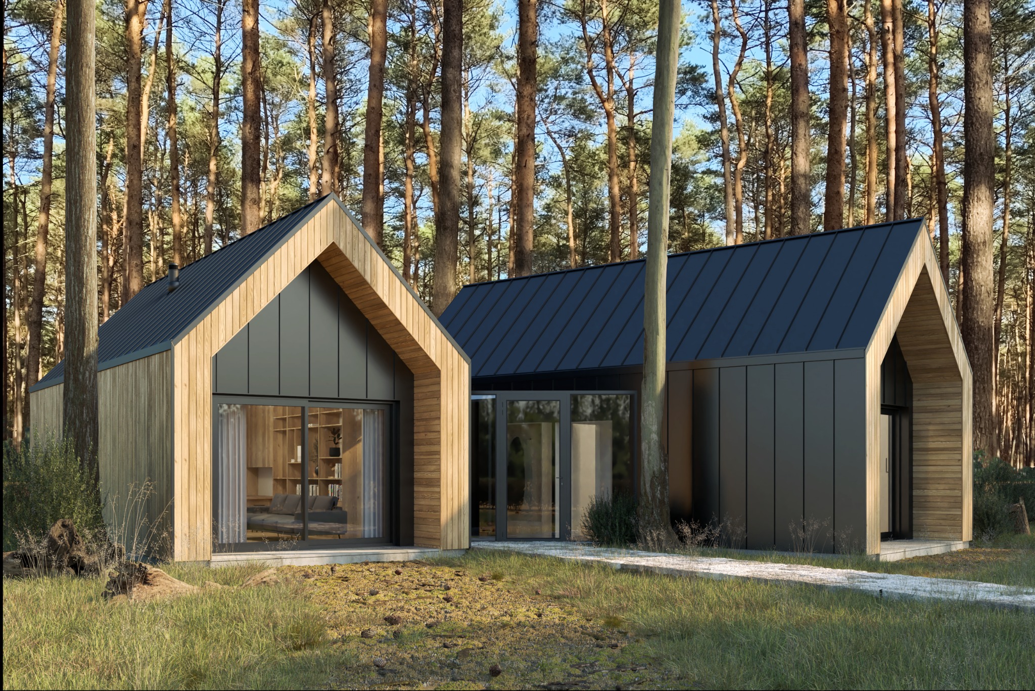 Nowoczesny, dwuczęściowy dom z drewnianą elewacją i ciemnym dachem, otoczony wysokimi drzewami w lesie, z widoczną ścieżką prowadzącą do wejścia.