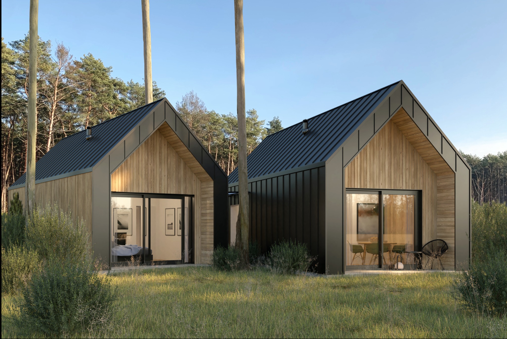 Dwa nowoczesne domy modułowe w Poznaniu z drewnianą elewacją i czarnym dachem, otoczone zielenią i drzewami, widoczne przez przesuwne drzwi wyposażenie wnętrz.