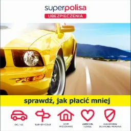 Ż&oacute;łty samoch&oacute;d sportowy w dynamicznym ujęciu na tle drogi i g&oacute;r, logo firmy ubezpieczeniowej 'superpolisa' u g&oacute;ry, ikony z hasłami 'sprawdź jak płacić mniej' i 'OC/AC', 'turystyczne', 'dom...