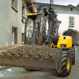 Żółto-czarna koparko-ładowarka Mecalac wypełniona żwirem na tle wąskiej uliczki z budynkami w odcieniach bieli i beżu.