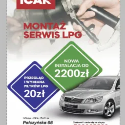 Reklama warsztatu samochodowego ICAR oferującego montaż i serwis LPG, przegląd i wymianę filtrów LPG, oraz nową instalację od 2200zł, z podanym numerem telefonu i adresem w Koszalinie, obok...
