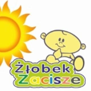 Logo żłobka 'Żłobek Zacisze' z rysunkową postacią niemowlaka i słońcem, w jasnych, pastelowych kolorach.