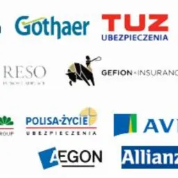 Kolekcja logotypów różnych firm ubezpieczeniowych, w tym PZU, Allianz, Aviva i Warta, na białym tle.