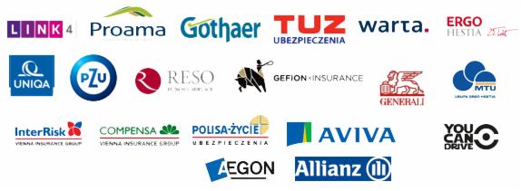 Kolekcja logotypów różnych firm ubezpieczeniowych, w tym PZU, Allianz, Aviva i Warta, na białym tle.