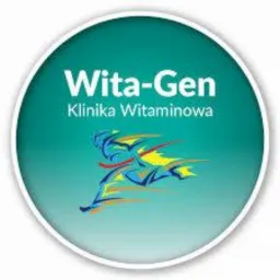 Logo kliniki witaminowej Wita-Gen na okrągłym, turkusowym tle z dynamiczną ilustracją postaci w biegu.