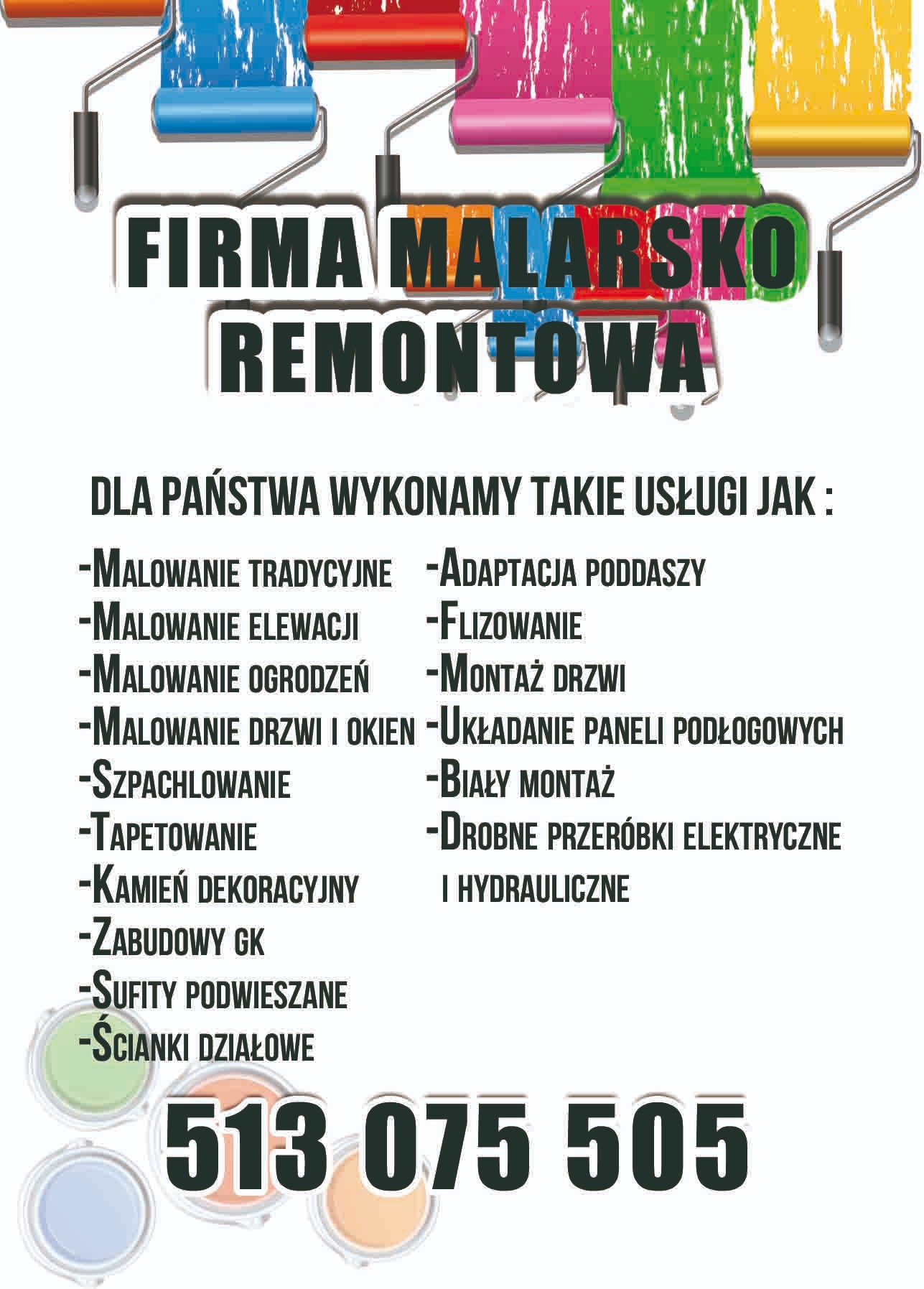 Plakat firmy malarsko-remontowej z listą oferowanych usług, w tle kolorowe wałki malarskie i puszki z farbami.