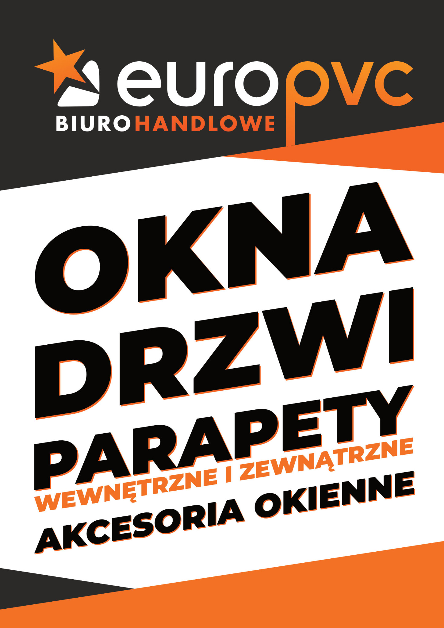 Grafika reklamowa Euro PVC z hasłami: okna, drzwi, parapety wewnętrzne i zewnętrzne, akcesoria okienne na białym tle z pomarańczowymi akcentami.