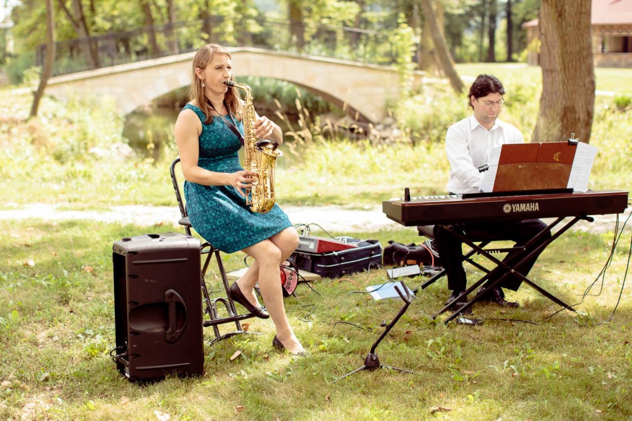 Zespół muzyczny grający na saksofonie i keyboardzie na tle parku z kamiennym mostkiem.