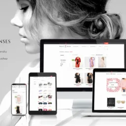 Prezentacja responsywnej strony internetowej Beauty Senses na różnych urządzeniach: smartfonie, tablecie, monitorze i laptopie, z widocznym logo i ofertą sklepu z damską bielizną, na tle profilu...
