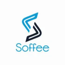 Logo firmy Soffee, składające się z dwóch stylizowanych liter 'S' w kolorach niebieskim i granatowym, umieszczone nad nazwą firmy napisaną jasnoniebieską czcionką.