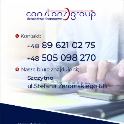 Reklama biura rachunkowego Constans Group z danymi kontaktowymi, adresem w Szczytnie i palcami na kalkulatorze w tle.