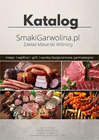 Okładka katalogu Zakładu Masarskiego Wiśniccy z Garwolina, prezentująca asortyment: wędliny, grill, wyroby bezglutenowe, garmażeryjne. Na okładce kompozycja zdjęć różnych produktów mięsnych...