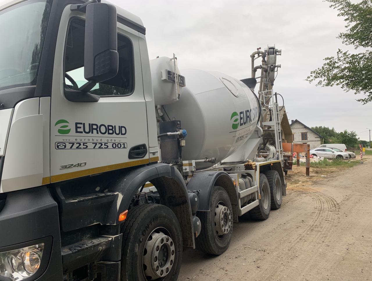 Ciężarówka z betonomieszarką firmy Eurobud zaparkowana na placu budowy, widoczny numer telefonu i logo firmy.