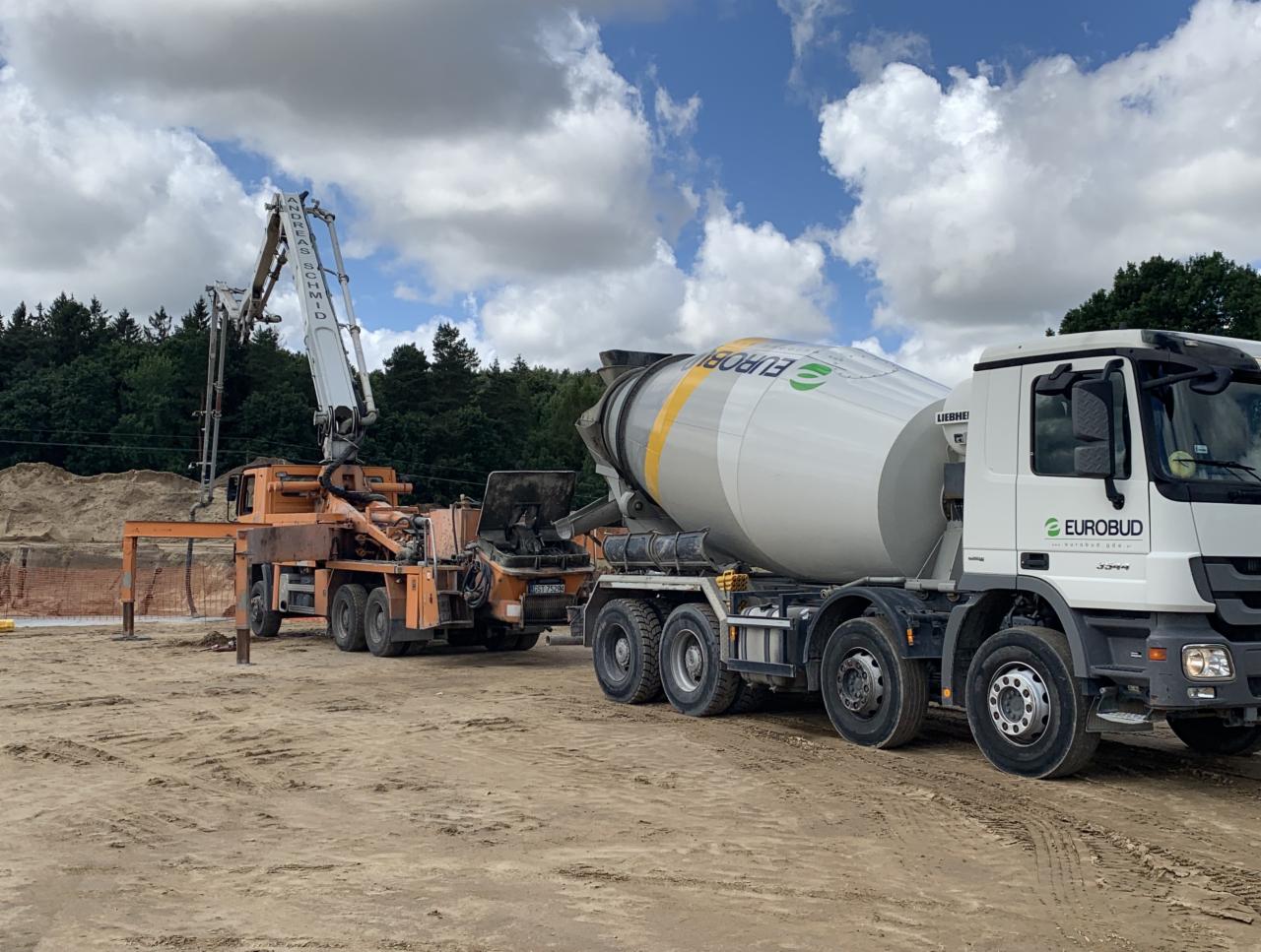 Ciężarówka z betonomieszarką Eurobud i pompa do betonu na placu budowy, w tle drzewa i błękitne niebo z chmurami.