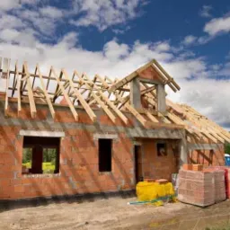 Surowy stan domu jednorodzinnego z czerwonej cegły, widoczne drewniane elementy konstrukcji dachu, palety z cegłami obok budynku, niebieskie niebo z chmurami w tle.