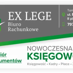 Wizytówka firmy EX LEGE z Tomaszowa Mazowieckiego, oferującej nowoczesną księgowość, odbiór dokumentów, usługi kadrowe, płace, ZUS i PFRON. Zawiera adres i numer telefonu.