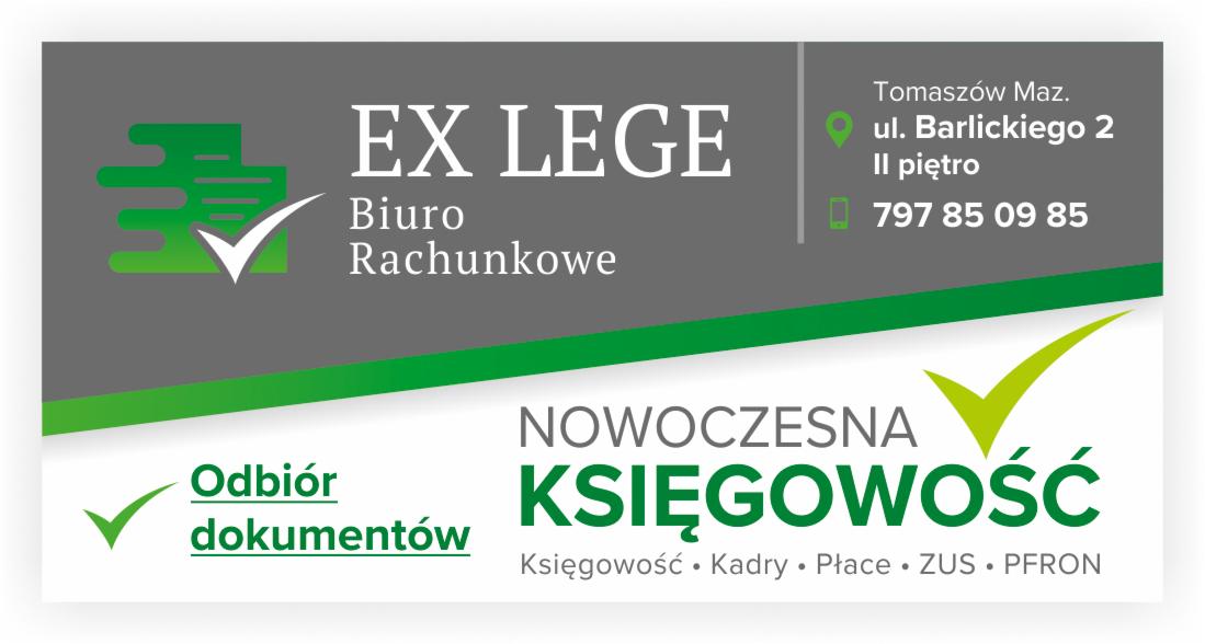 Wizytówka firmy EX LEGE z Tomaszowa Mazowieckiego, oferującej nowoczesną księgowość, odbiór dokumentów, usługi kadrowe, płace, ZUS i PFRON. Zawiera adres i numer telefonu.