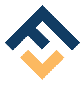 Stylizowany, dwukolorowy logotyp w kształcie rombu, z ciemnoniebieskim elementem przypominającym strzałkę skierowaną w górę i pomarańczowym elementem skierowanym w dół, na czarnym tle.